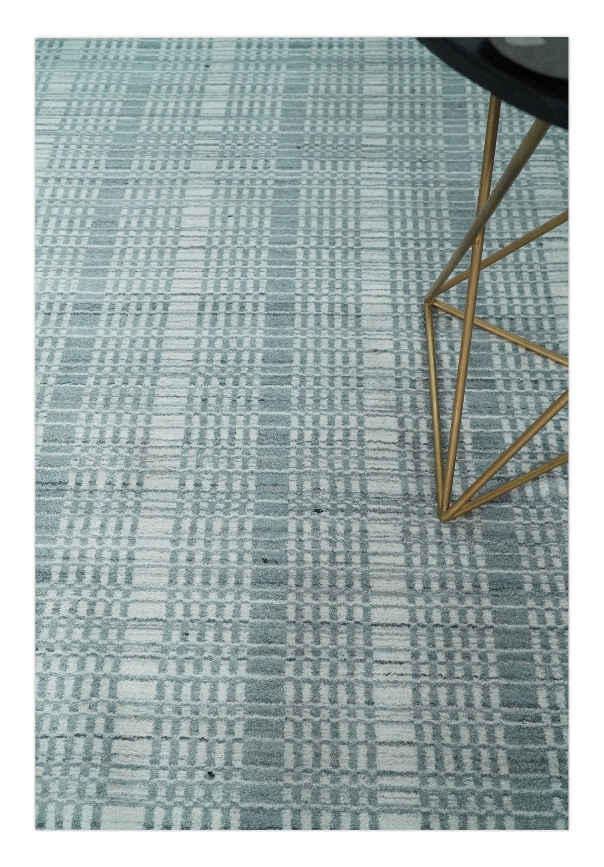 Modern Striped 8x10 Hand Made Ivory and Gray Blended Wool Area Rug