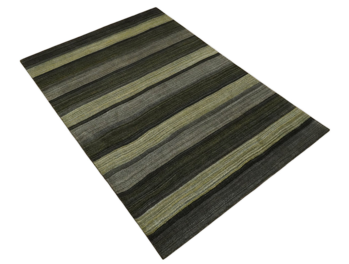 Modern Stripes 5x7 Antique Moss Green and Gray Wool Hand Woven Area Rug