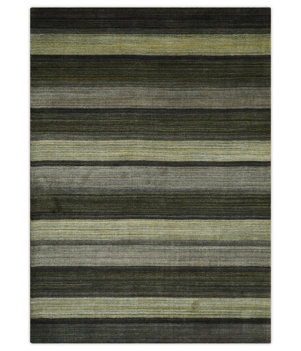 Modern Stripes 5x7 Antique Moss Green and Gray Wool Hand Woven Area Rug