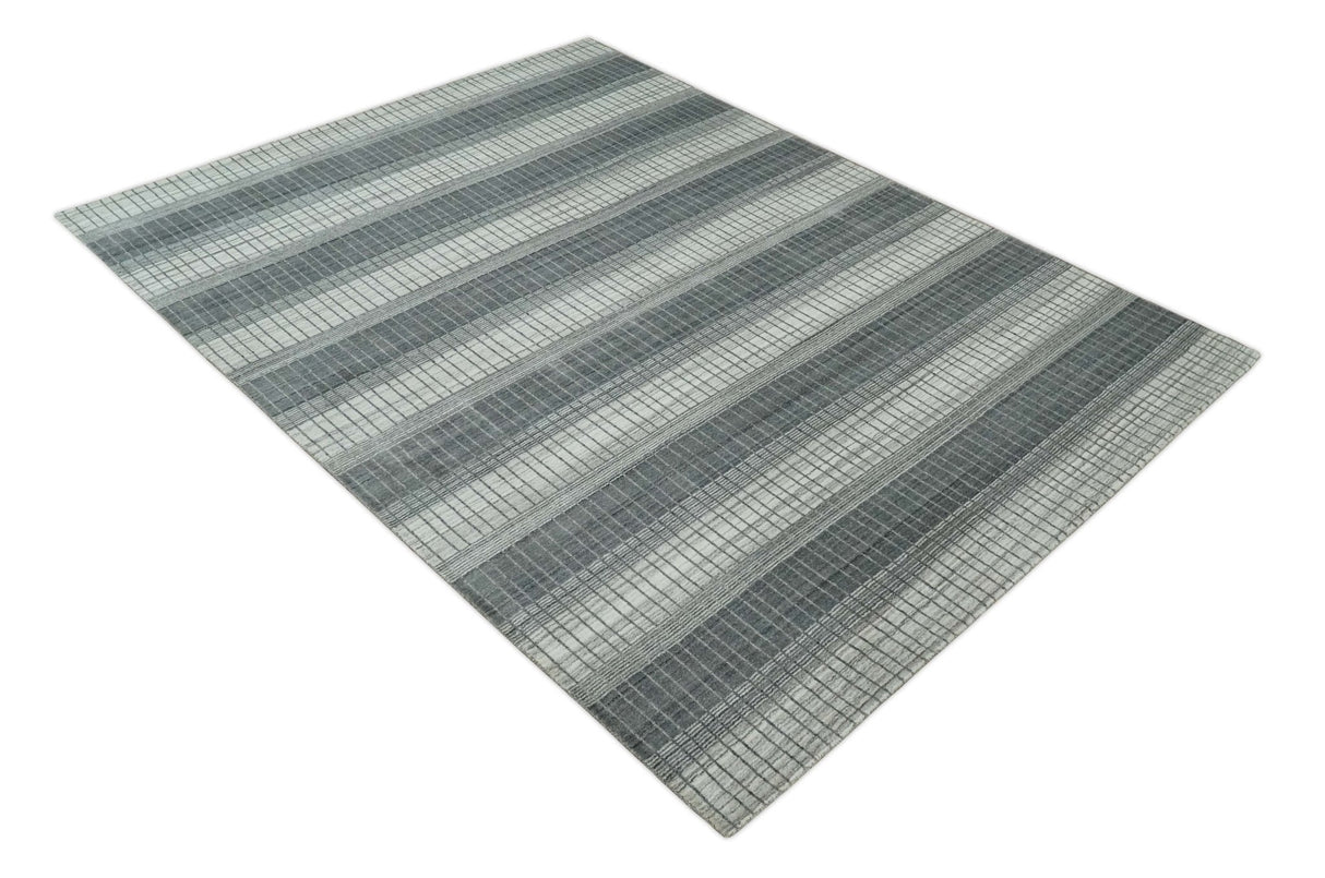 Modern Stripes 8x10 Hand Made Ivory and Gray Blended Wool Area Rug