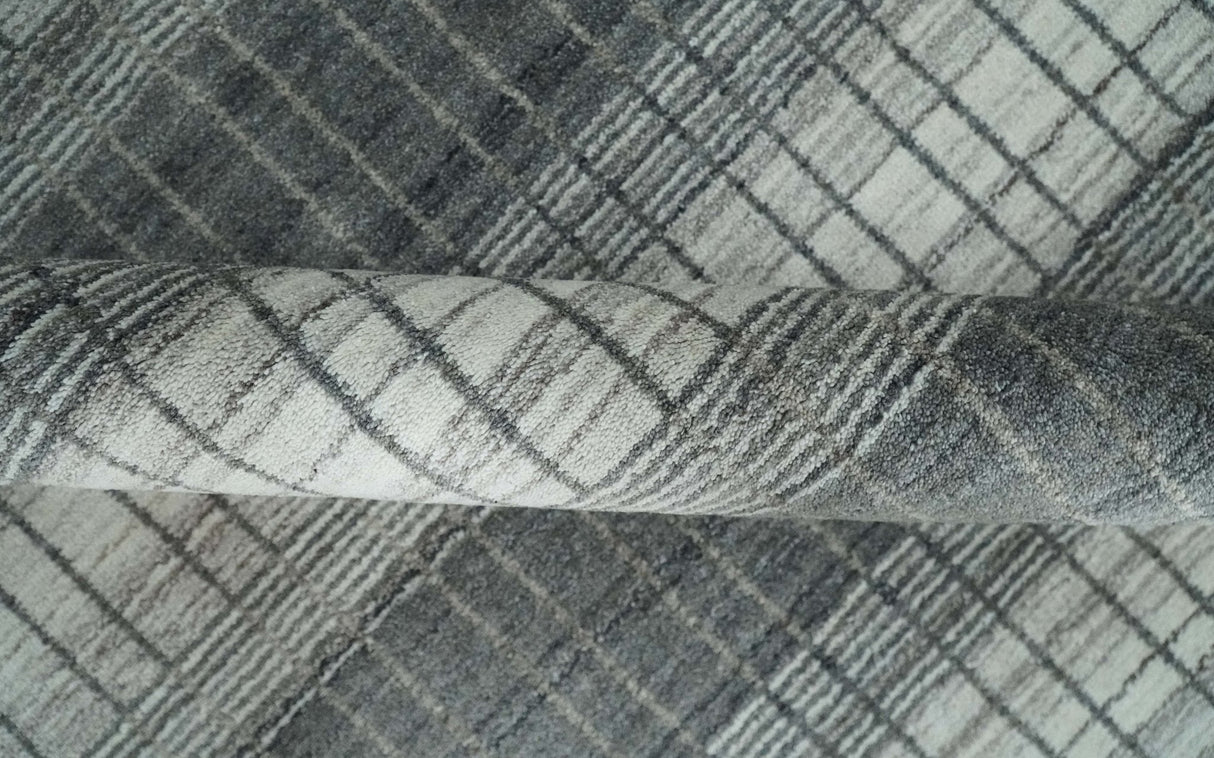 Modern Stripes 8x10 Hand Made Ivory and Gray Blended Wool Area Rug