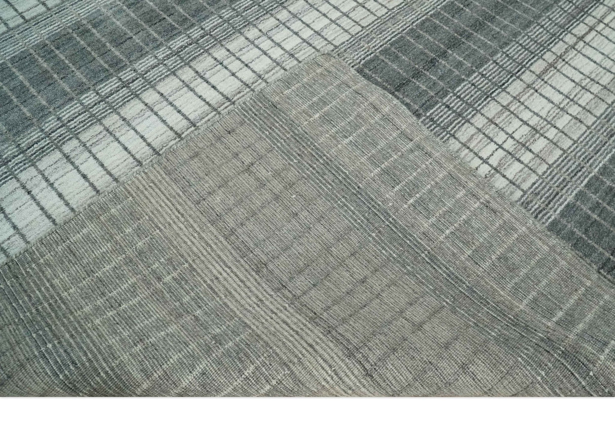 Modern Stripes 8x10 Hand Made Ivory and Gray Blended Wool Area Rug