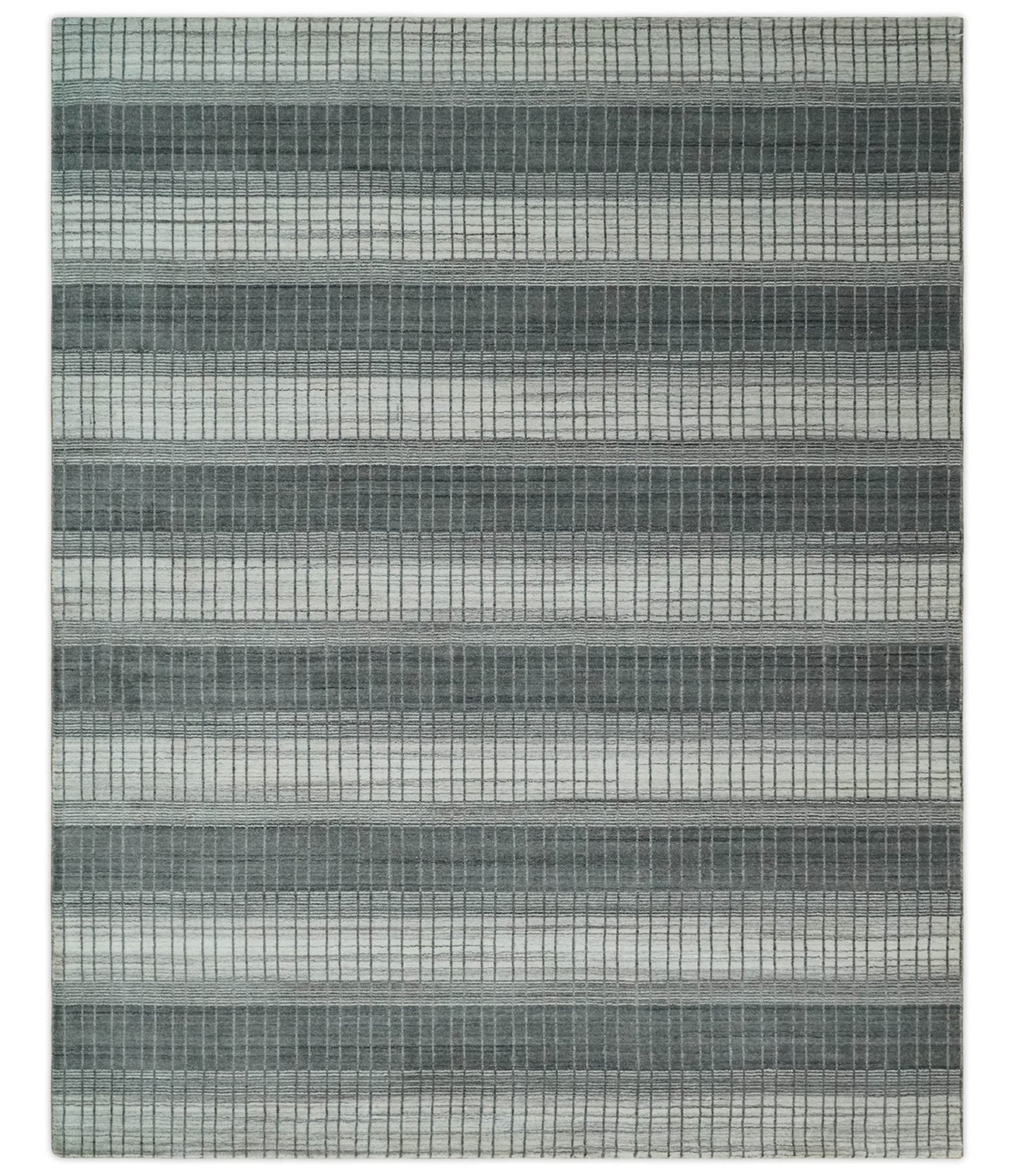 Modern Stripes 8x10 Hand Made Ivory and Gray Blended Wool Area Rug