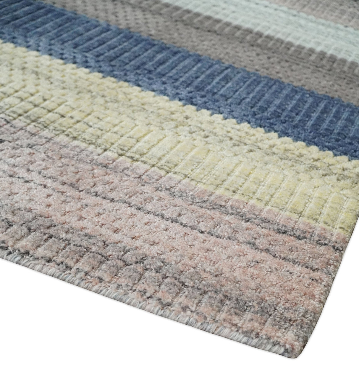 Modern Stripes Design 8x10 Hand Made Multicolor Blended Wool Area Rug