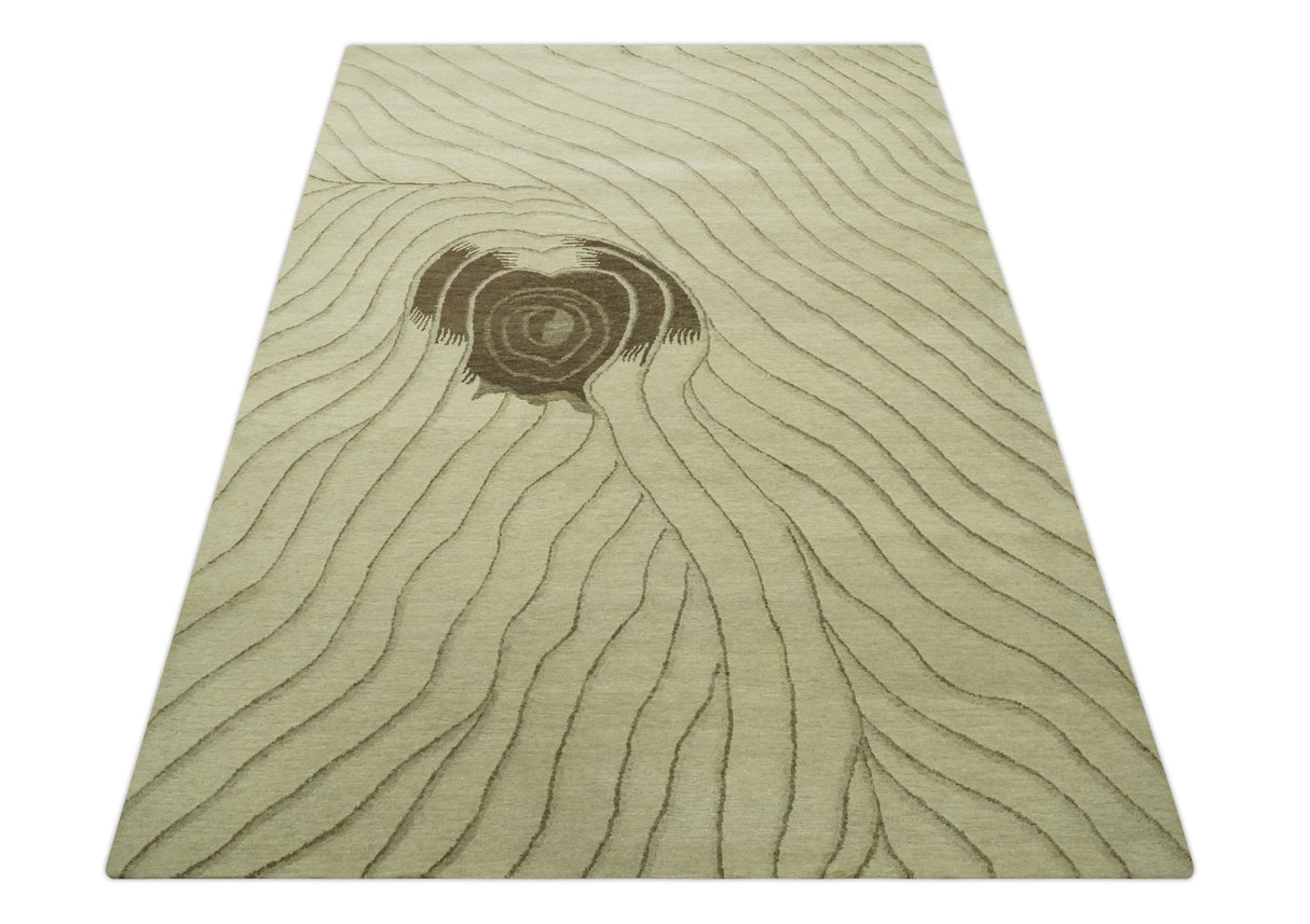 Modern Stripes Design Beige and Brown Hand loom 5.6x8 wool and art Silk Area Rug-Area Rug-Parc Decor