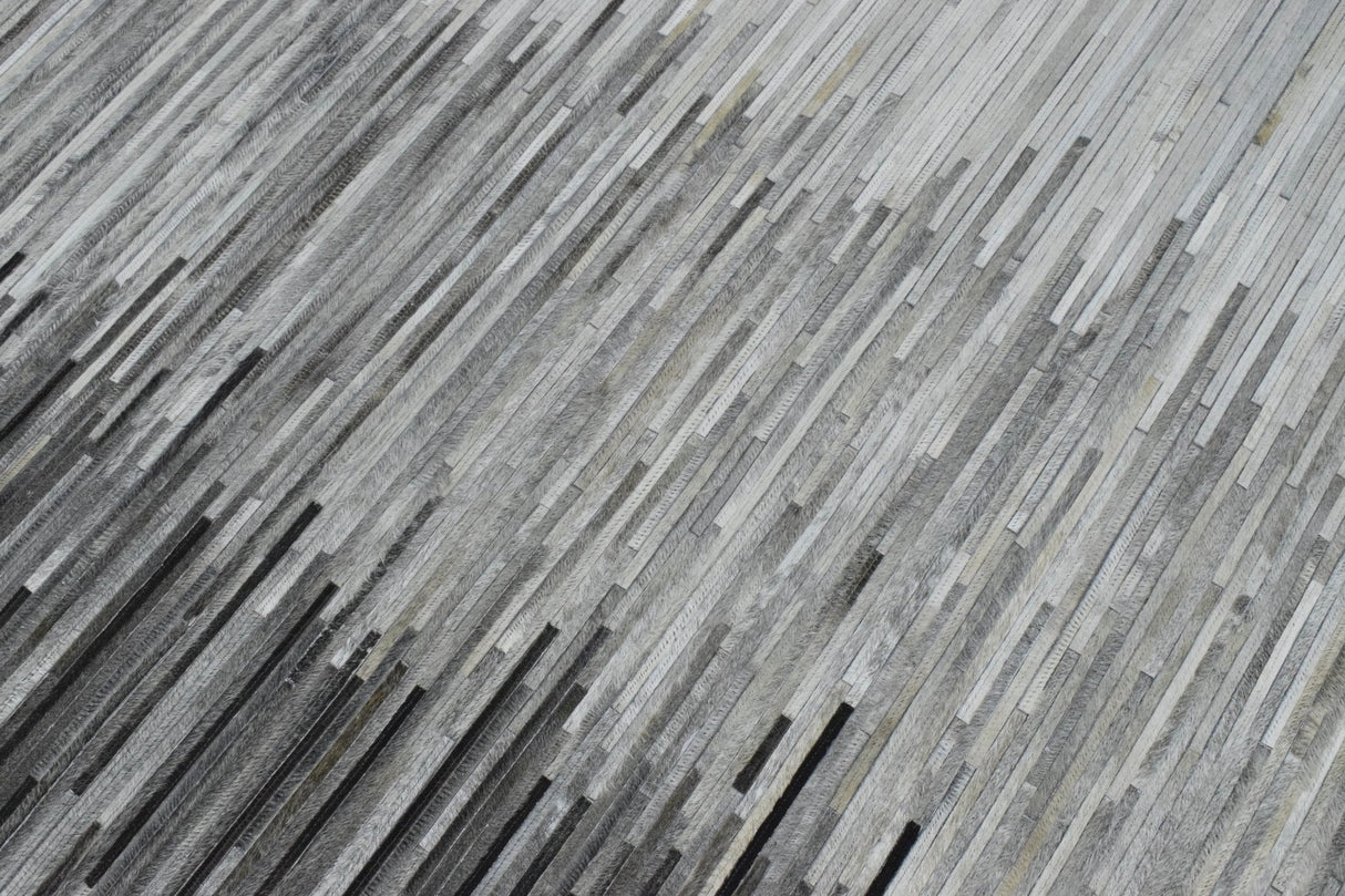 Modern Stripes Gray and Silver Handmade Leather Area Rug