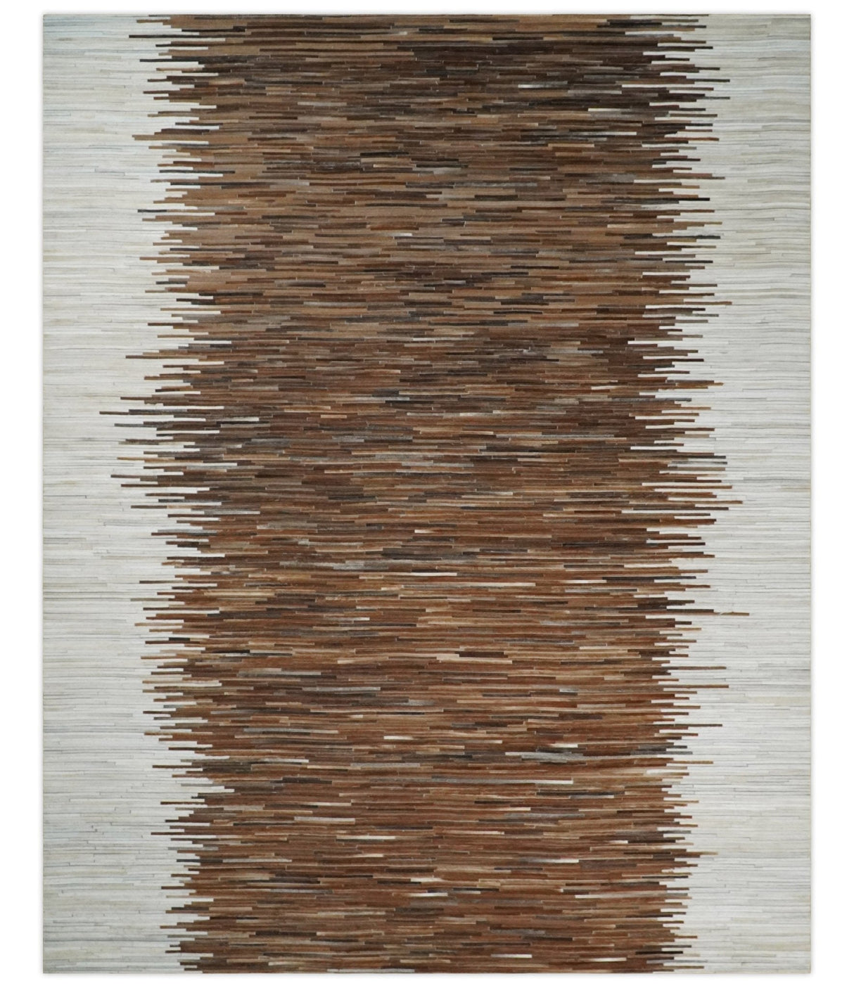 Modern Stripes Leather Striped Tan Brown and Ivory Leather Multi Size Area Rug