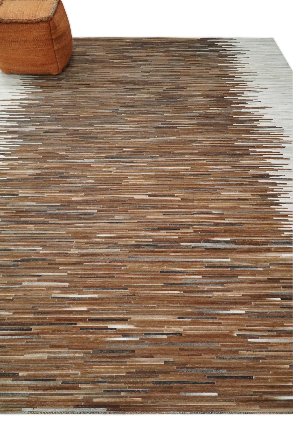 Modern Stripes Leather Striped Tan Brown and Ivory Leather Multi Size Area Rug