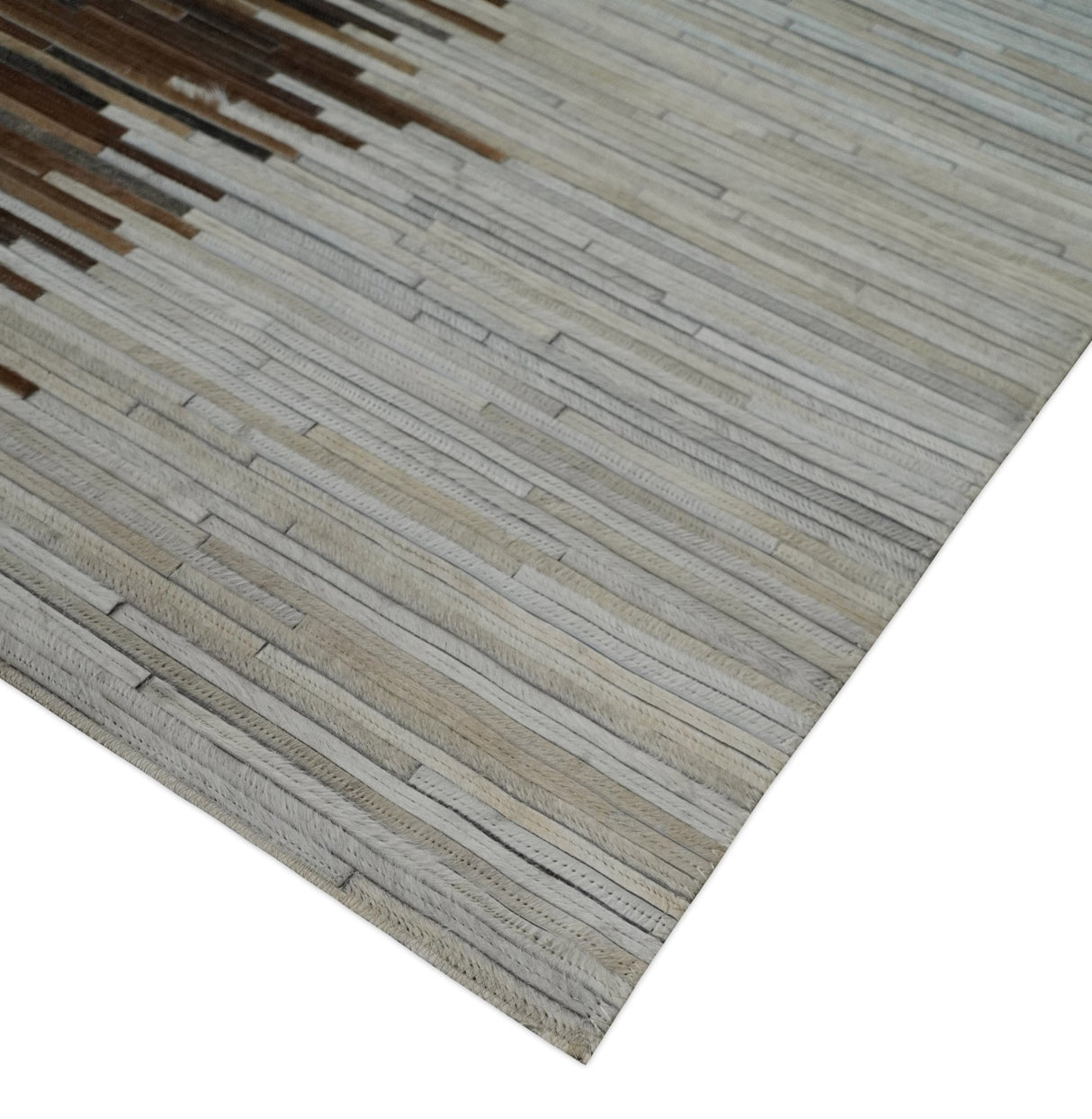 Modern Stripes Leather Striped Tan Brown and Ivory Leather Multi Size Area Rug