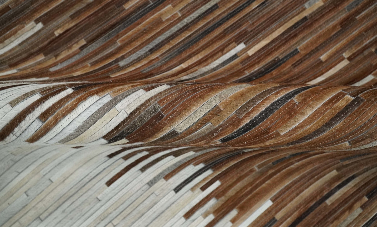 Modern Stripes Leather Striped Tan Brown and Ivory Leather Multi Size Area Rug