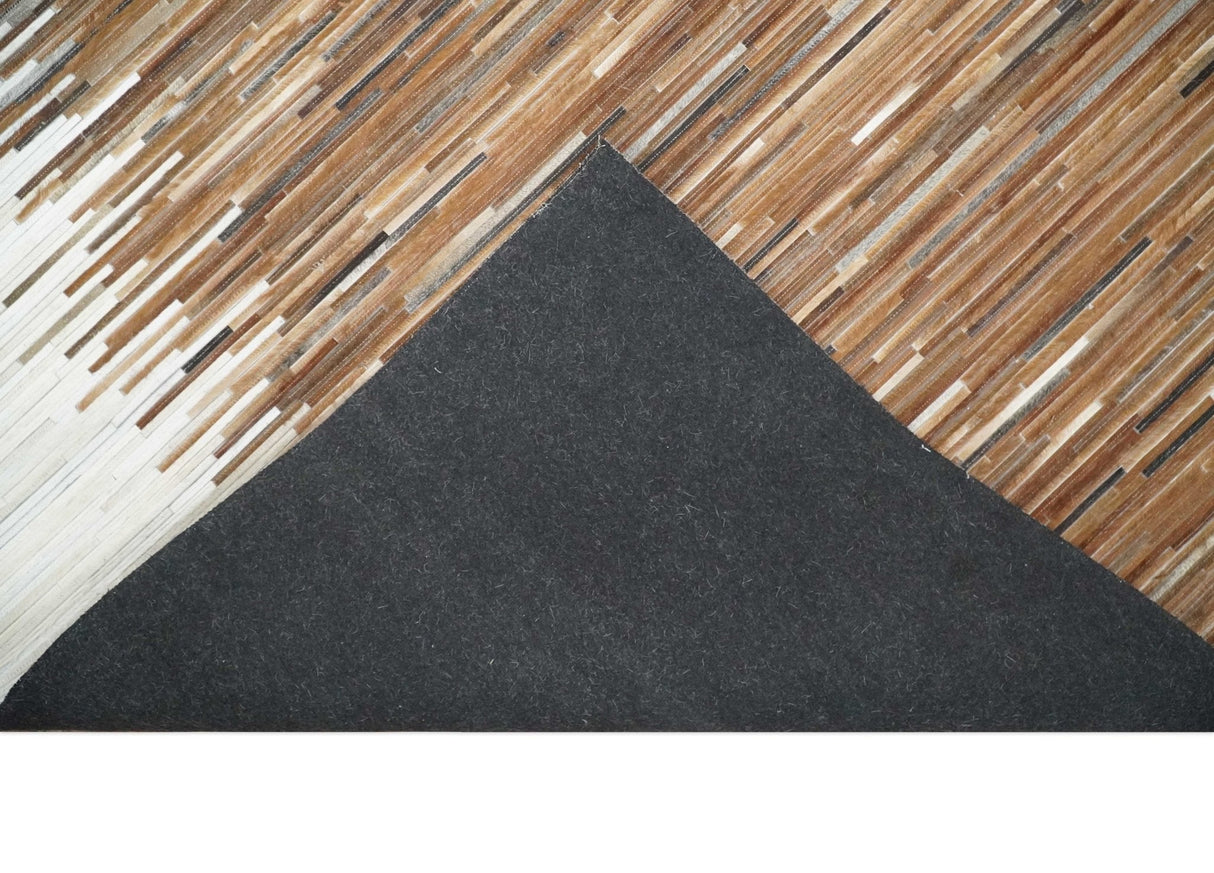 Modern Stripes Leather Striped Tan Brown and Ivory Leather Multi Size Area Rug