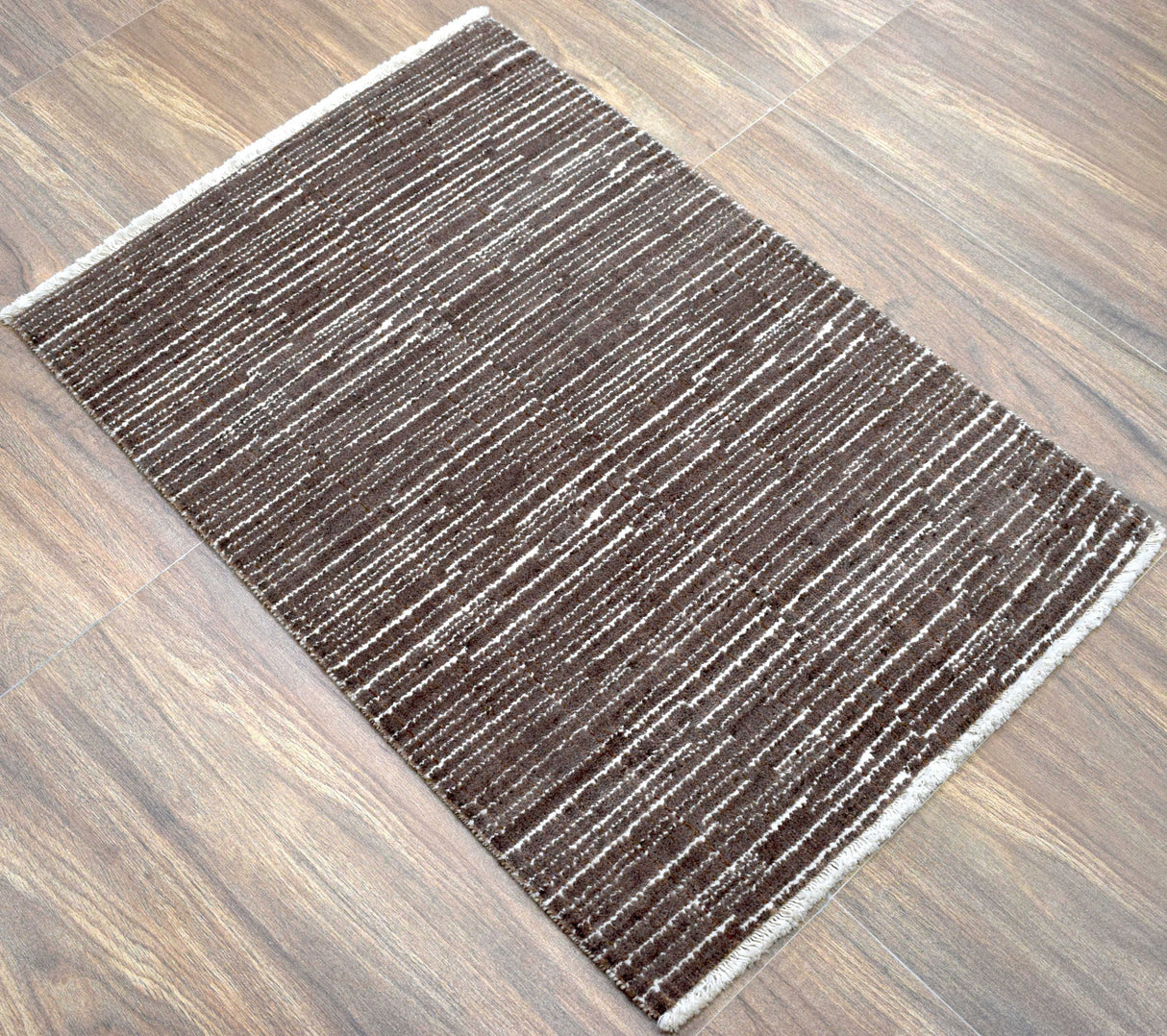 Modern Stripes Pattern Brown Hand Knotted Wool 2x3 Area Rug