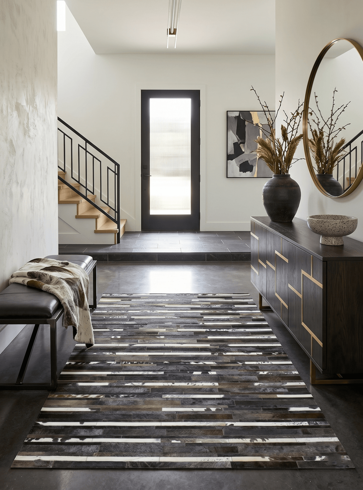 Modern Stripes Pattern Handwoven Brown And Black Leather Area Rug