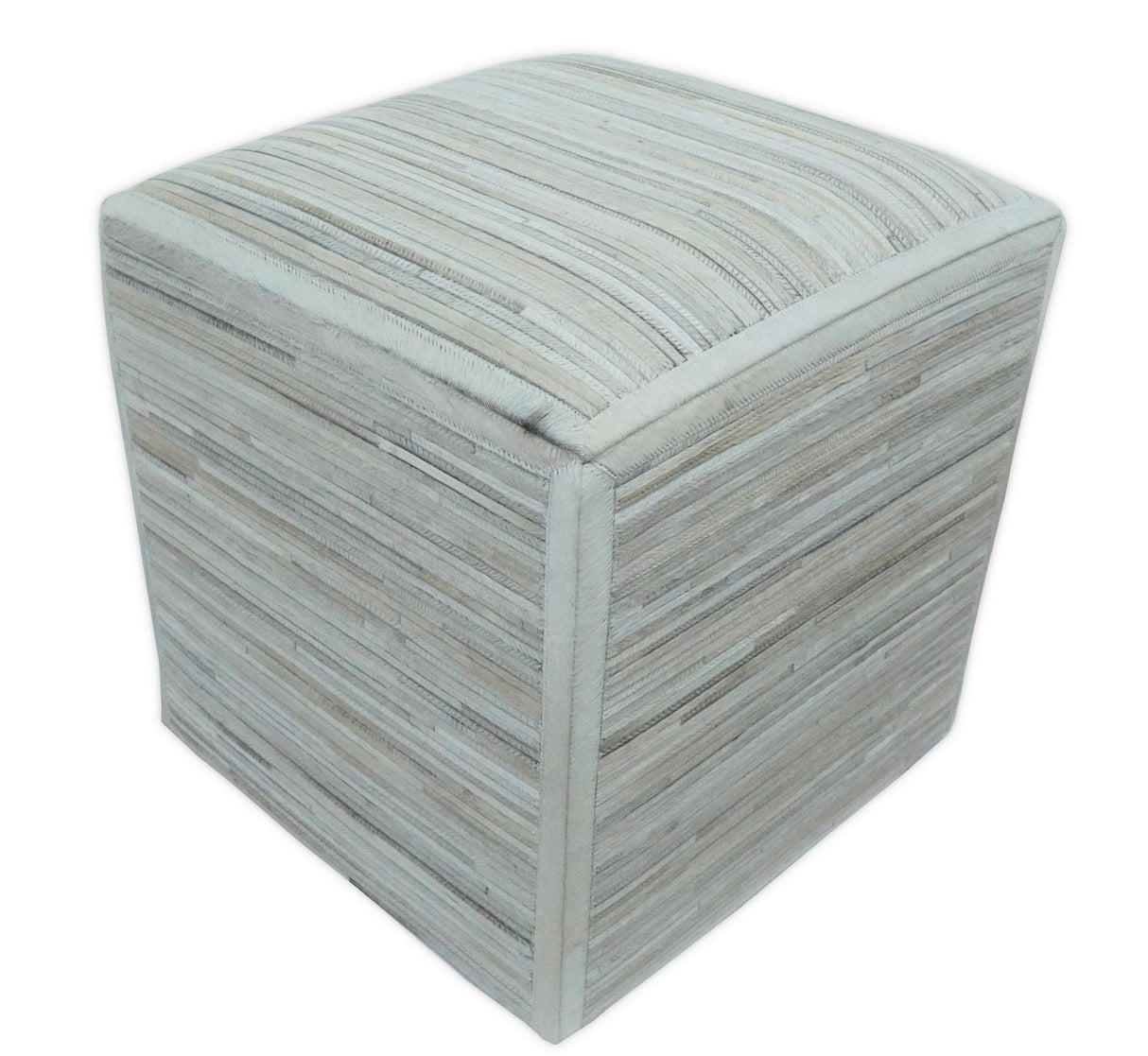 Modern Stripes Pattern Ivory And Silver Handmade Leather Pouf