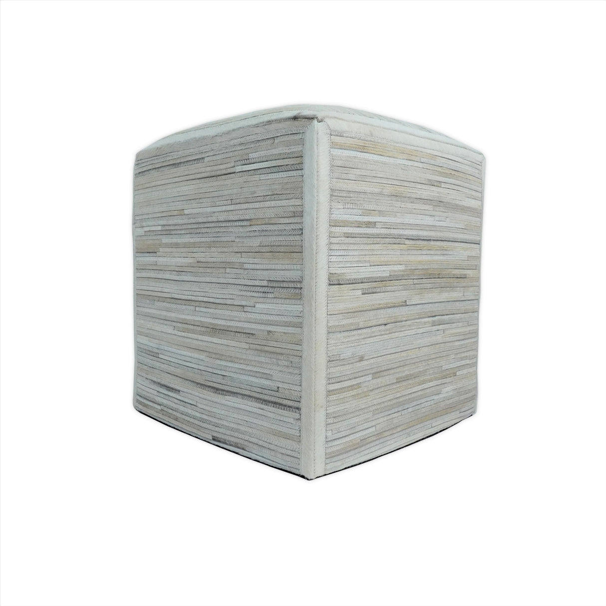 Modern Stripes Pattern Ivory And Silver Handmade Leather Pouf