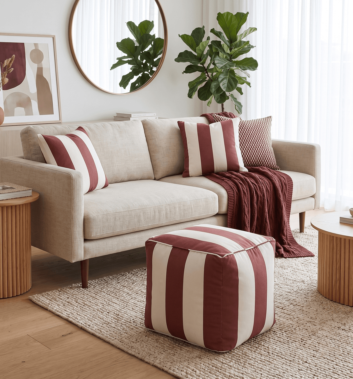 Modern Stripes Pattern Rust And White Polyester Pouf
