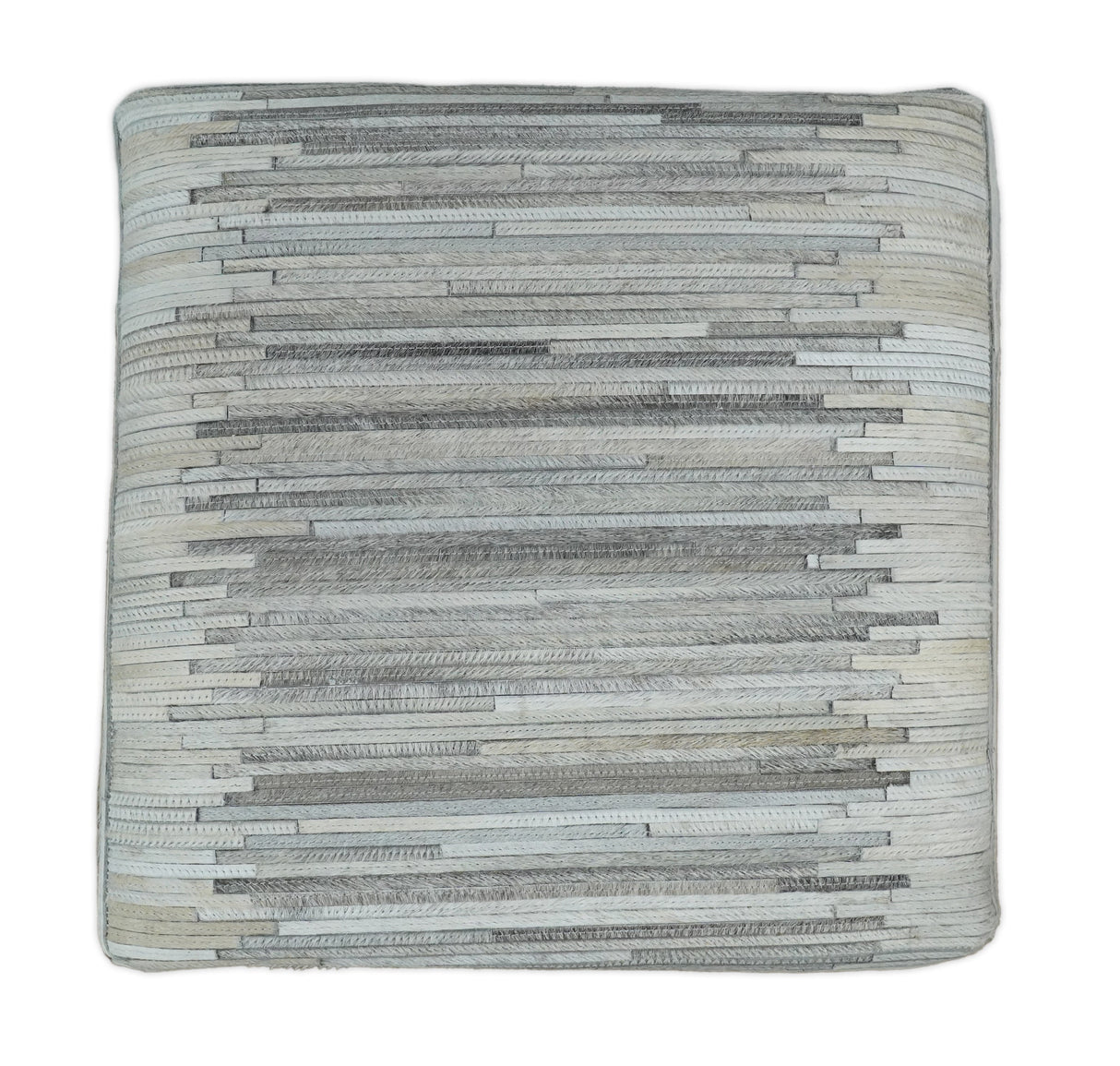 Modern Stripes Pattern Silver and Gray Leather Pouf