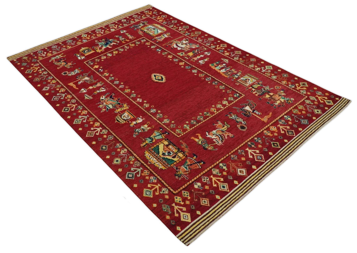 Modern Style Maroon 5x7 Wool Hand Knotted Antique Rug