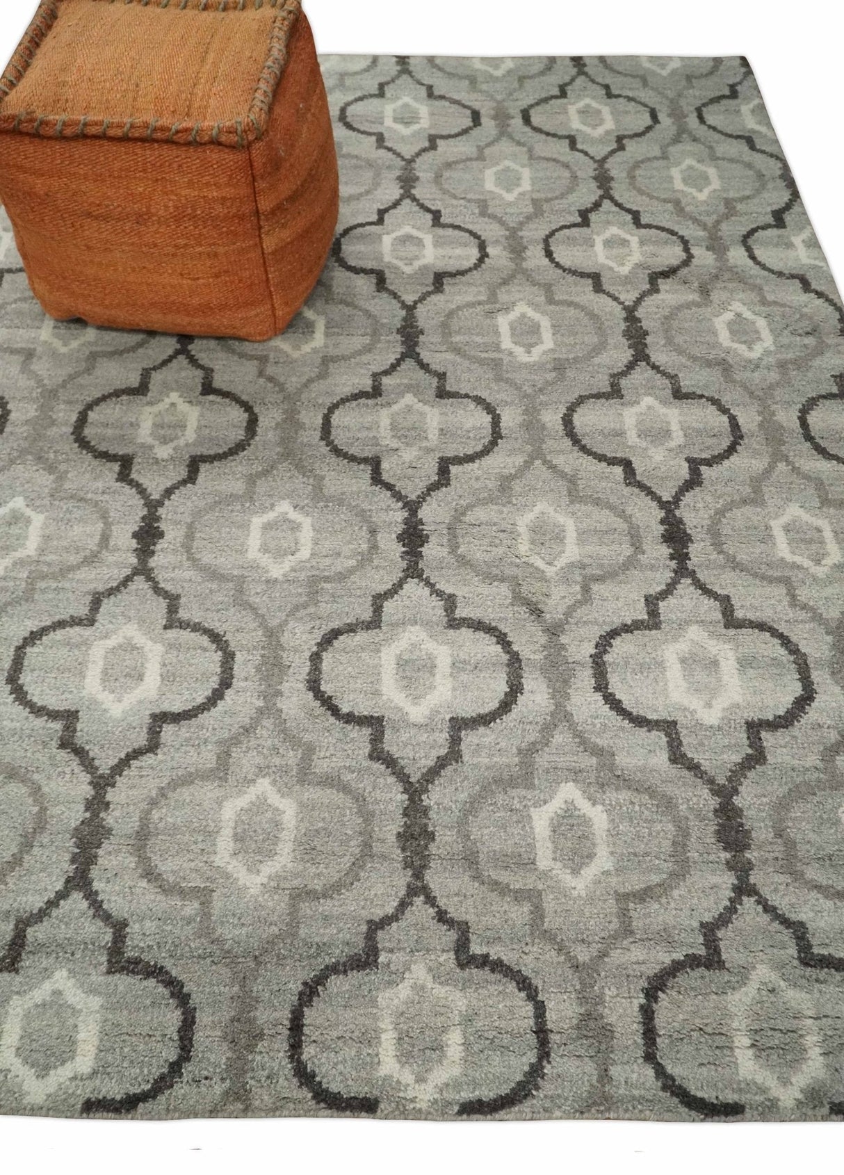 Modern Trellis Channel 6x8 Silver and Brown Natural Wool Hand Woven Rug