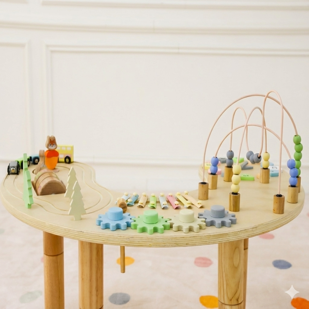 Montessori Wooden Activity Table for Toddlers | 360° Bead Maze, Xylophone, Gears & Roadway, 12 Months+