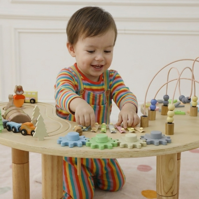 Montessori Wooden Activity Table for Toddlers | 360° Bead Maze, Xylophone, Gears & Roadway, 12 Months+