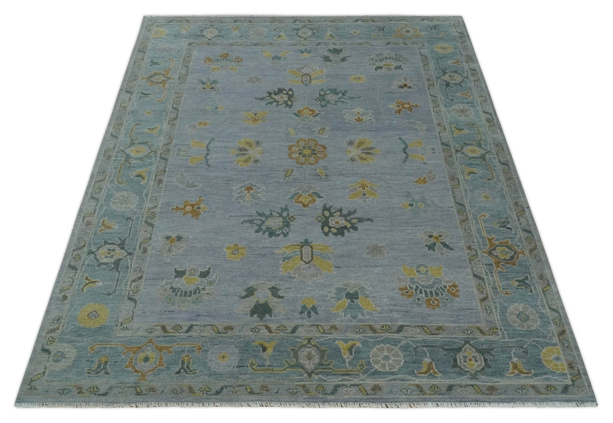 Multi Size Charcoal, Aqua and Silver Hand Knotted Oushak Wool Area Rug