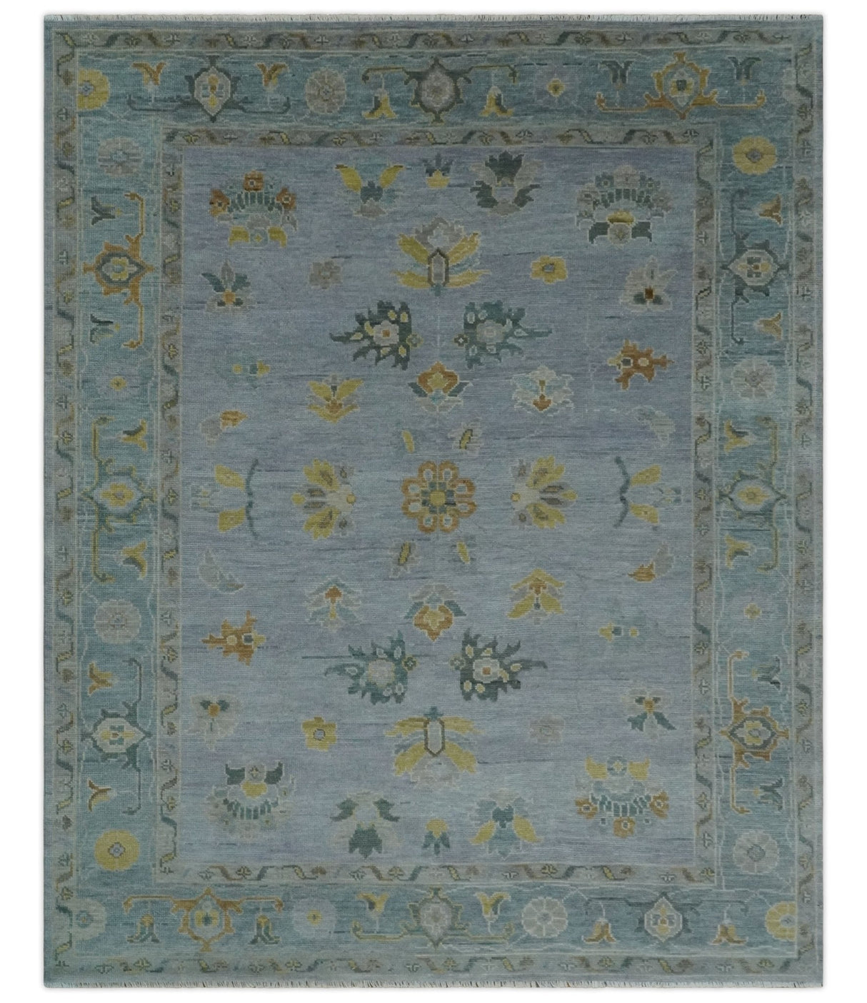 Multi Size Charcoal, Aqua and Silver Hand Knotted Oushak Wool Area Rug
