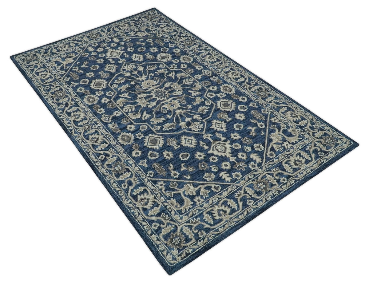 Multi Size Hand Tufted Blue and Beige Traditional Medallion 8x10, 9x12 Antique Style Rug, Kids, Living Room and Bedroom Rug | TRD6441
