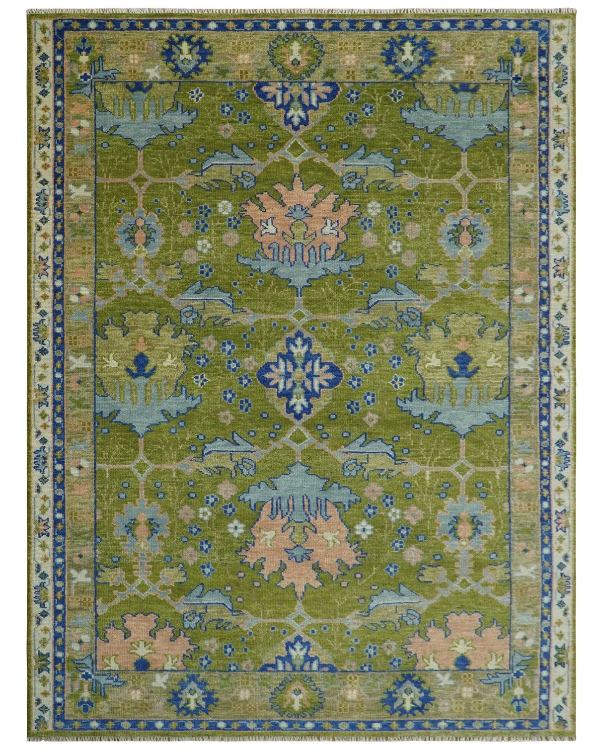 Multi size Moss Green, Blue and Peach Hand Knotted Vibrant colorful Donegal Wool Rug