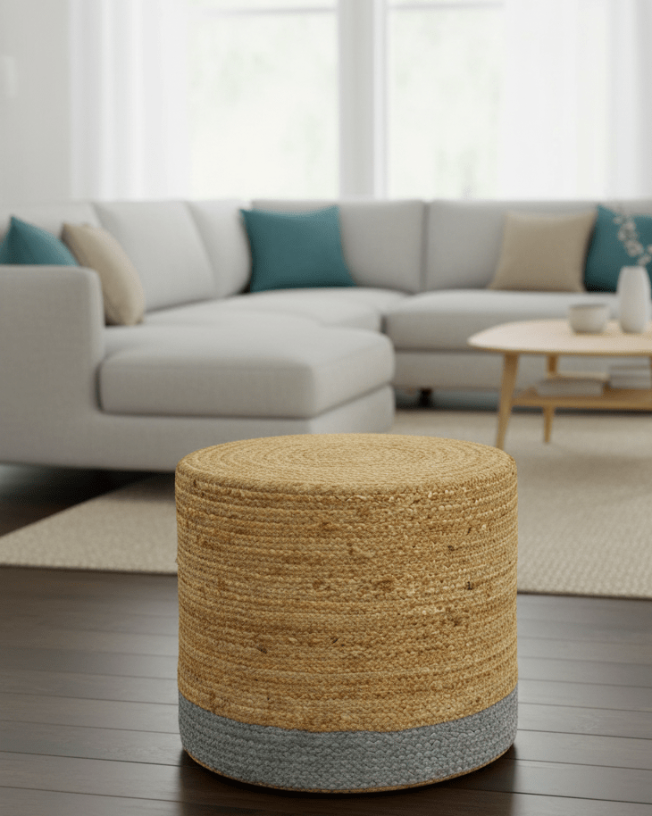 Natural Brown and Blue Jute Round Cylindrical Pouf
