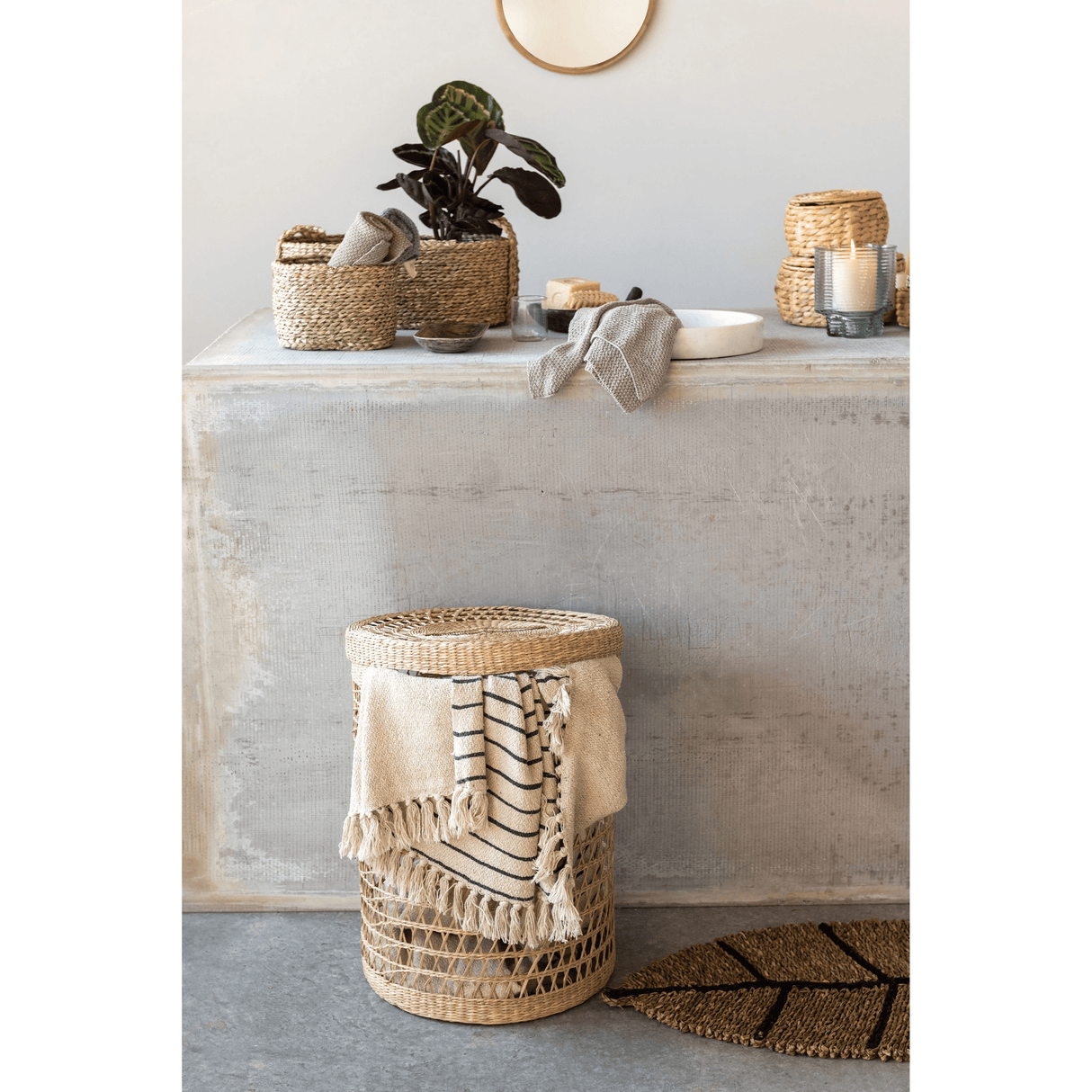 Natural Water Hyacinth Storage Baskets with Lids, Set of 3-Baskets-Parc Decor