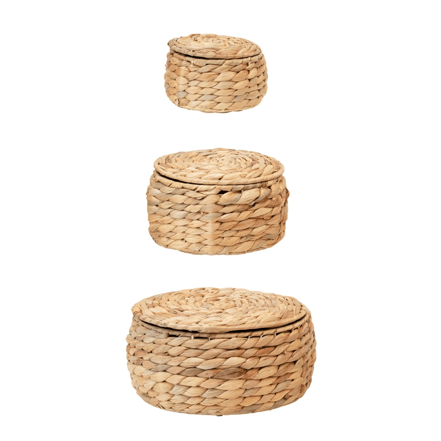 Natural Water Hyacinth Storage Baskets with Lids, Set of 3-Baskets-Parc Decor