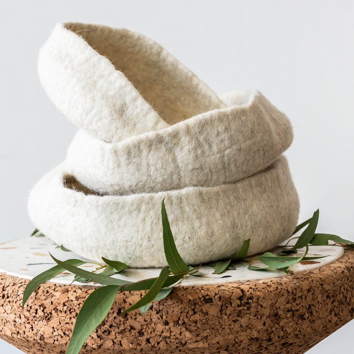 Natural White Hand Felted Nesting Bowls-Baskets & Vessels-Parc Decor