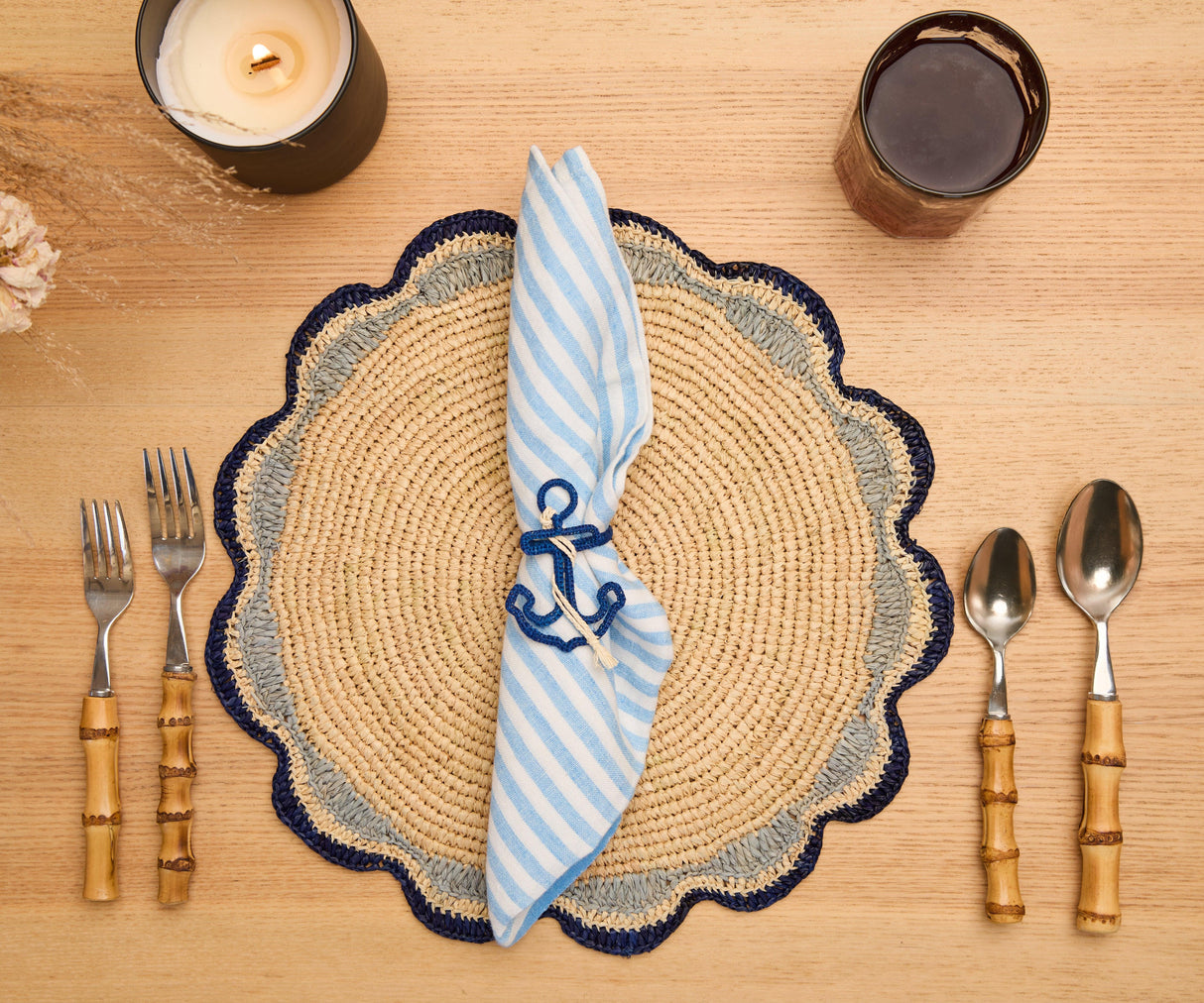 Nautical Anchor Napkin Rings – Coastal Table Decor, Handmade Raffia Napkin Holders, Set of 4 Blue and White Anchor Rings, Ocean Party Decor-Napkins-Parc Decor