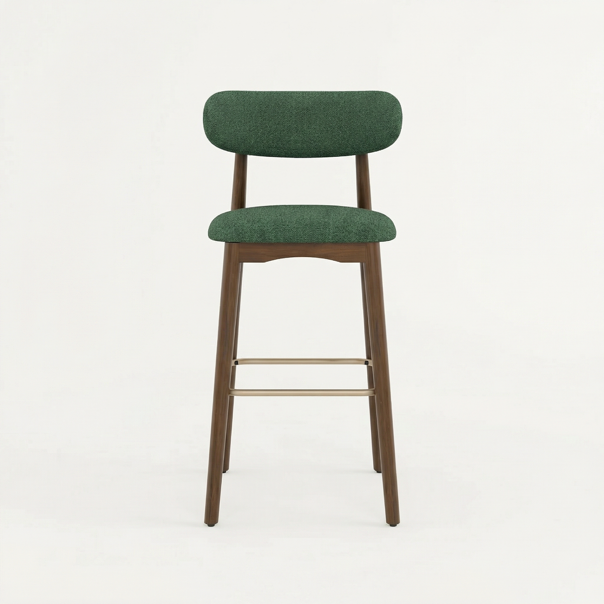 Norden Bar Stool with dark green upholstered seat and back, walnut wood frame, and brass footrest.