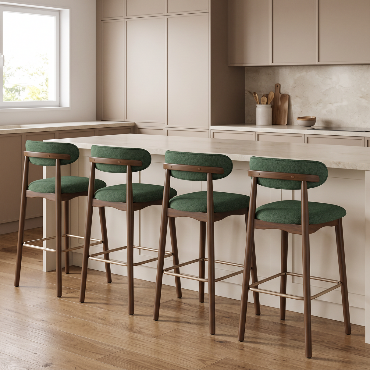 Four modern bar stools with dark green upholstered seats and curved wooden backs, set in a contemporary kitchen with beige cabinetry and light wood flooring.