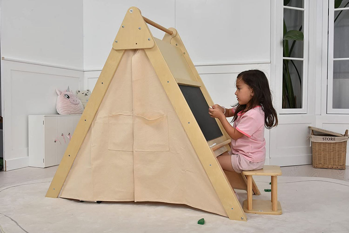 Oak Montessori Play Tent & Climber | Wooden Activity House with Rock Wall, Chalkboard, Desk & Stool