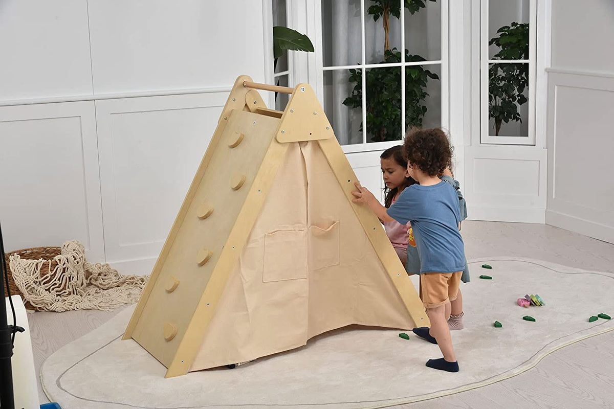 Oak Montessori Play Tent & Climber | Wooden Activity House with Rock Wall, Chalkboard, Desk & Stool