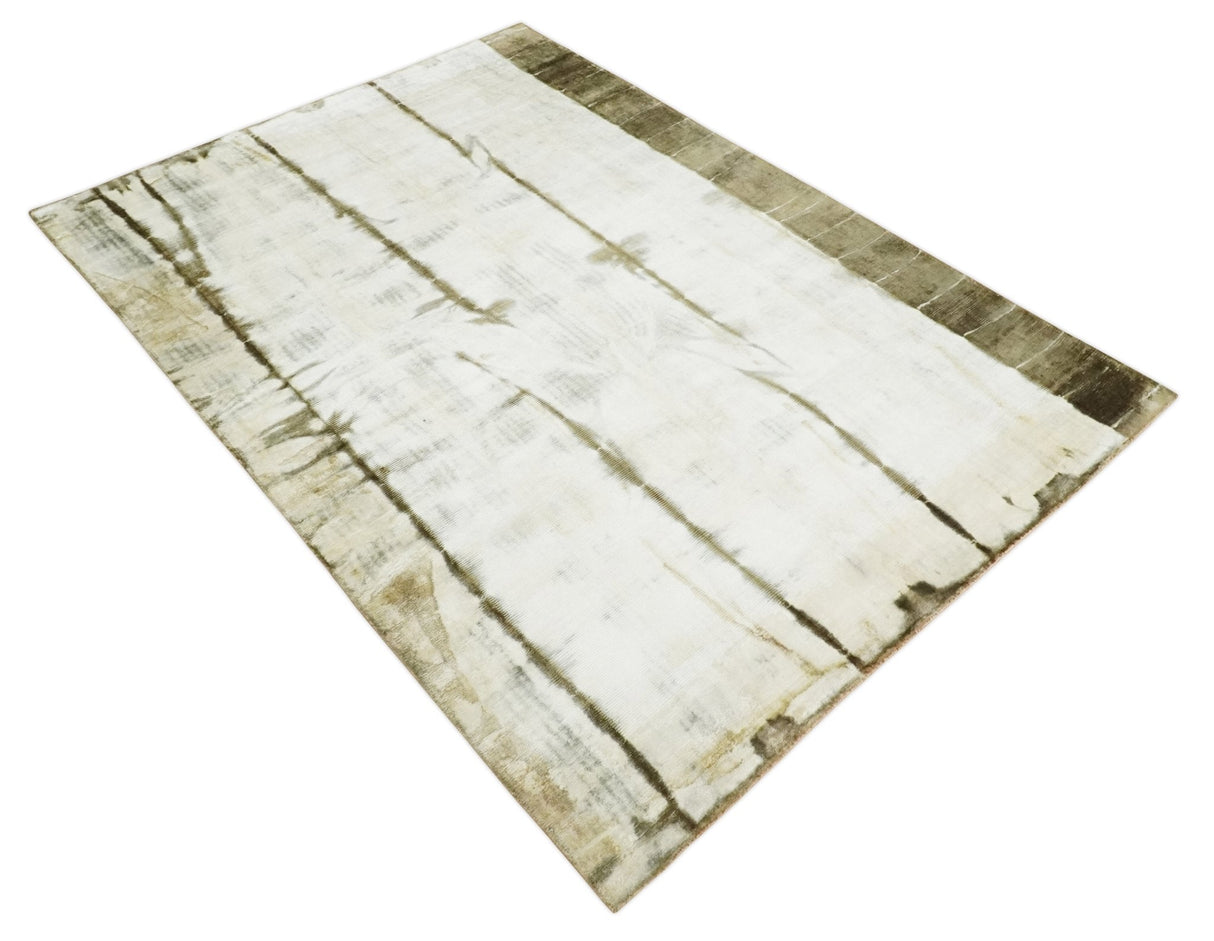 Olive and ivory 6x9 Modern Abstract Hand Woven Art Silk Rug | KNT1