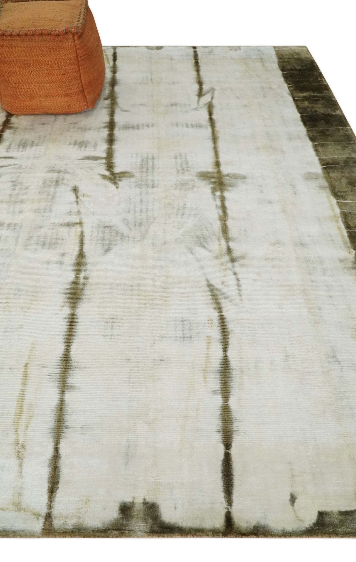 Olive and ivory 6x9 Modern Abstract Hand Woven Art Silk Rug | KNT1-Area Rug-Parc Decor