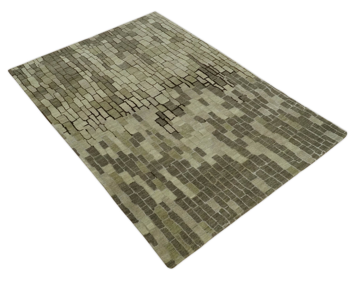 Olive, Beige, Charcoal and Ivory Modern Geometrical Brick Design 4.6x6.6 wool and Art Silk Area Rug-Area Rug-Parc Decor