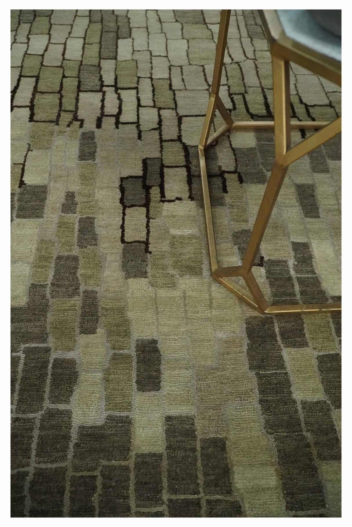 Olive, Beige, Charcoal and Ivory Modern Geometrical Brick Design 4.6x6.6 wool and Art Silk Area Rug-Area Rug-Parc Decor