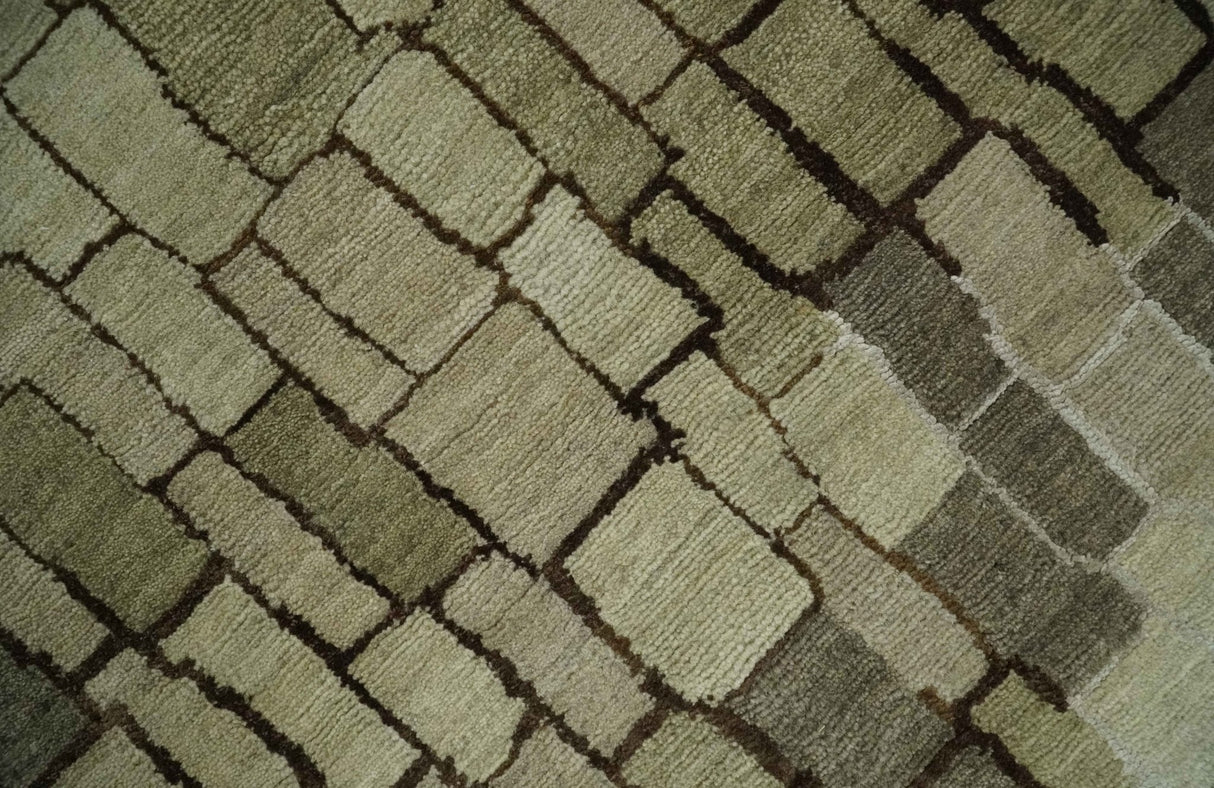 Olive, Beige, Charcoal and Ivory Modern Geometrical Brick Design 4.6x6.6 wool and Art Silk Area Rug-Area Rug-Parc Decor