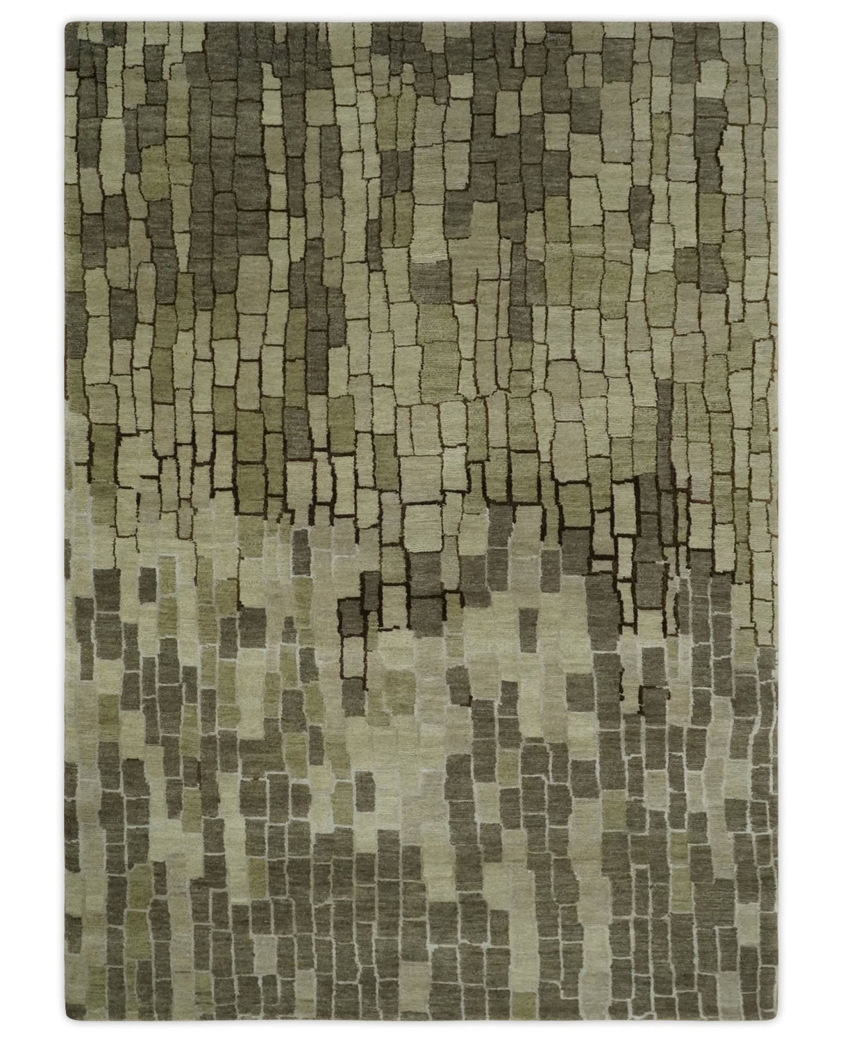 Olive, Beige, Charcoal and Ivory Modern Geometrical Brick Design 4.6x6.6 wool and Art Silk Area Rug-Area Rug-Parc Decor