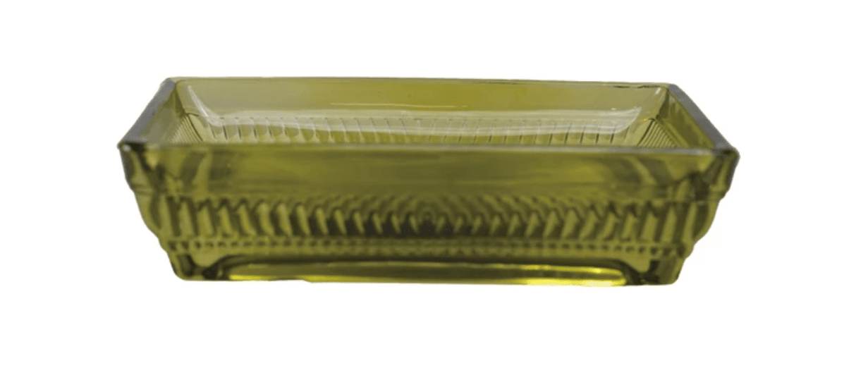 Olive Green Glass Soap Dish – Rectangular with Patterned Rim-Bath Accessories-Parc Decor