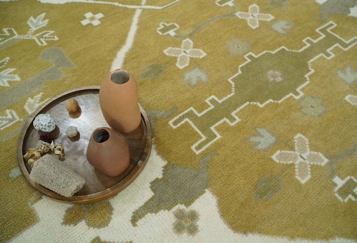 Olive, Ivory and Gray Hand knotted Oushak Custom Made Wool Rug