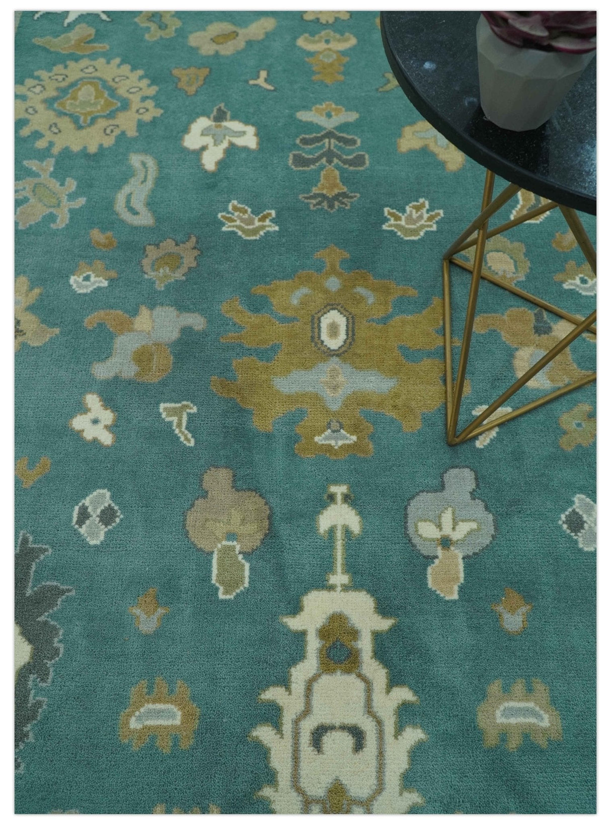Ollie Custom Made Teal, Ivory and Olive Hand Knotted Oushak Wool Rug