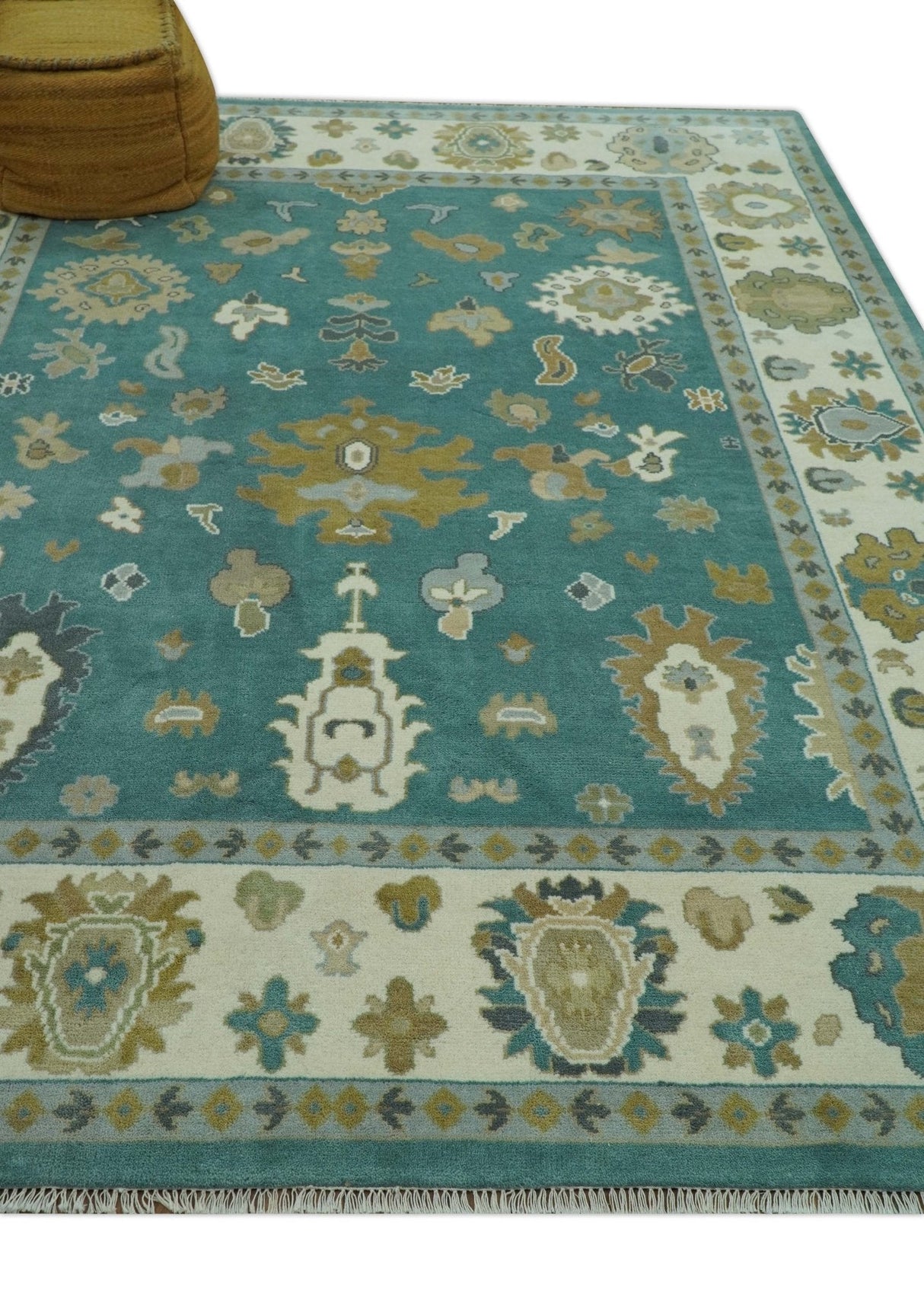 Ollie Custom Made Teal, Ivory and Olive Hand Knotted Oushak Wool Rug