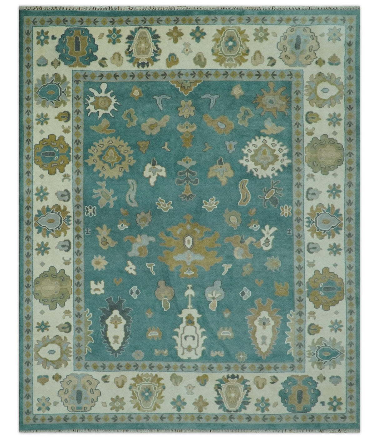 Ollie Custom Made Teal, Ivory and Olive Hand Knotted Oushak Wool Rug