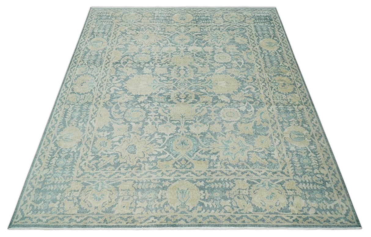 One of a Kind 8x10 Hand Knotted Blue and Beige Antique Traditional Low Pile wool Area Rug